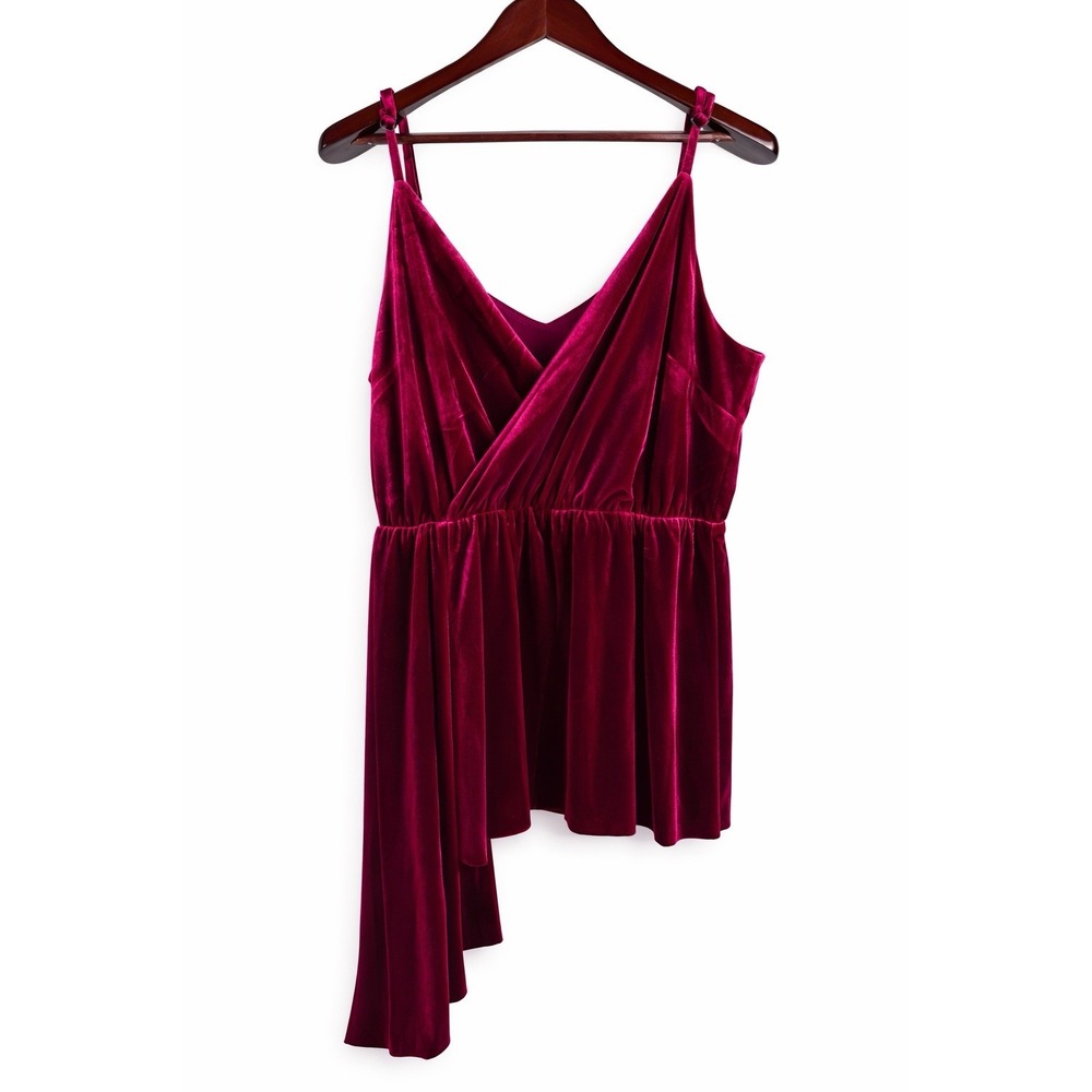 New Women's Burgundy Velvet Faux Wrap Cami Top  Soft‎ Draped Peplum Size 16